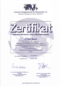 Reisemedizin Zertifikat 2018 Dr Dirk Meyer Wuppertal